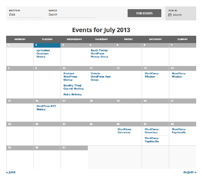 The Events Calendar vue calendrier